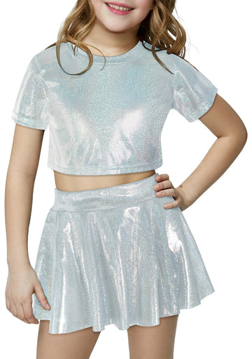 Happy Cherry 2Pcs Kids Girls Shiny Metallic Short Sleeve Crop Top With Pleated Skirt Set Dancewear Performance Costumes Silver 1