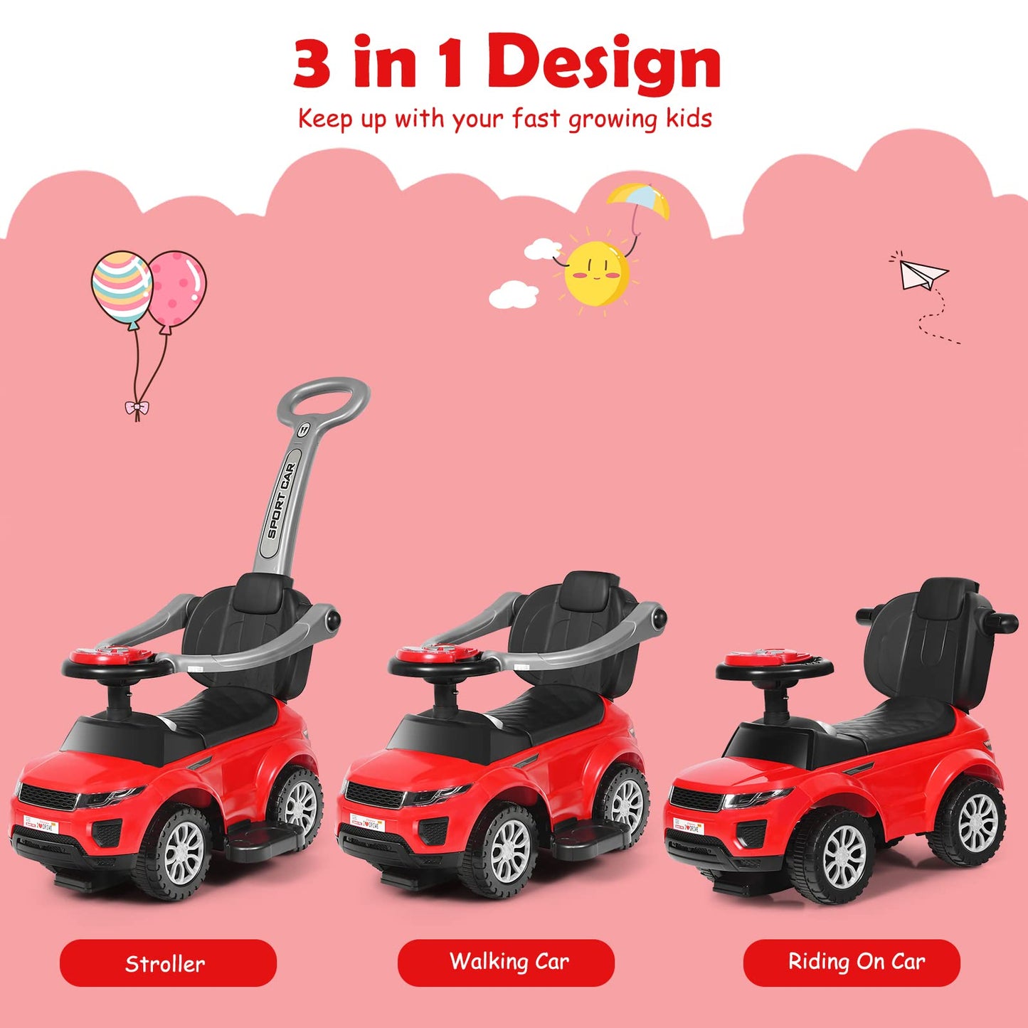 Honey Joy Ride On Push Car, Foot To Floor Ride On Sliding Car Push Handle & Detachable Guardrail, Sound & Lights, Under Seat Storage, Push Cars For Toddlers 1-3, Gift For Kids Boys Girls(Red)