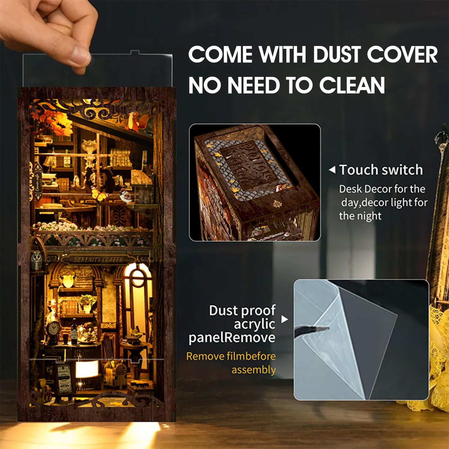 Vaki Vaki Book Nook Kit with Dust Cover & LED Light, DIY Miniature House Kit for Birthday, 3D Wooden Bookends Puzzle, Bookshelf