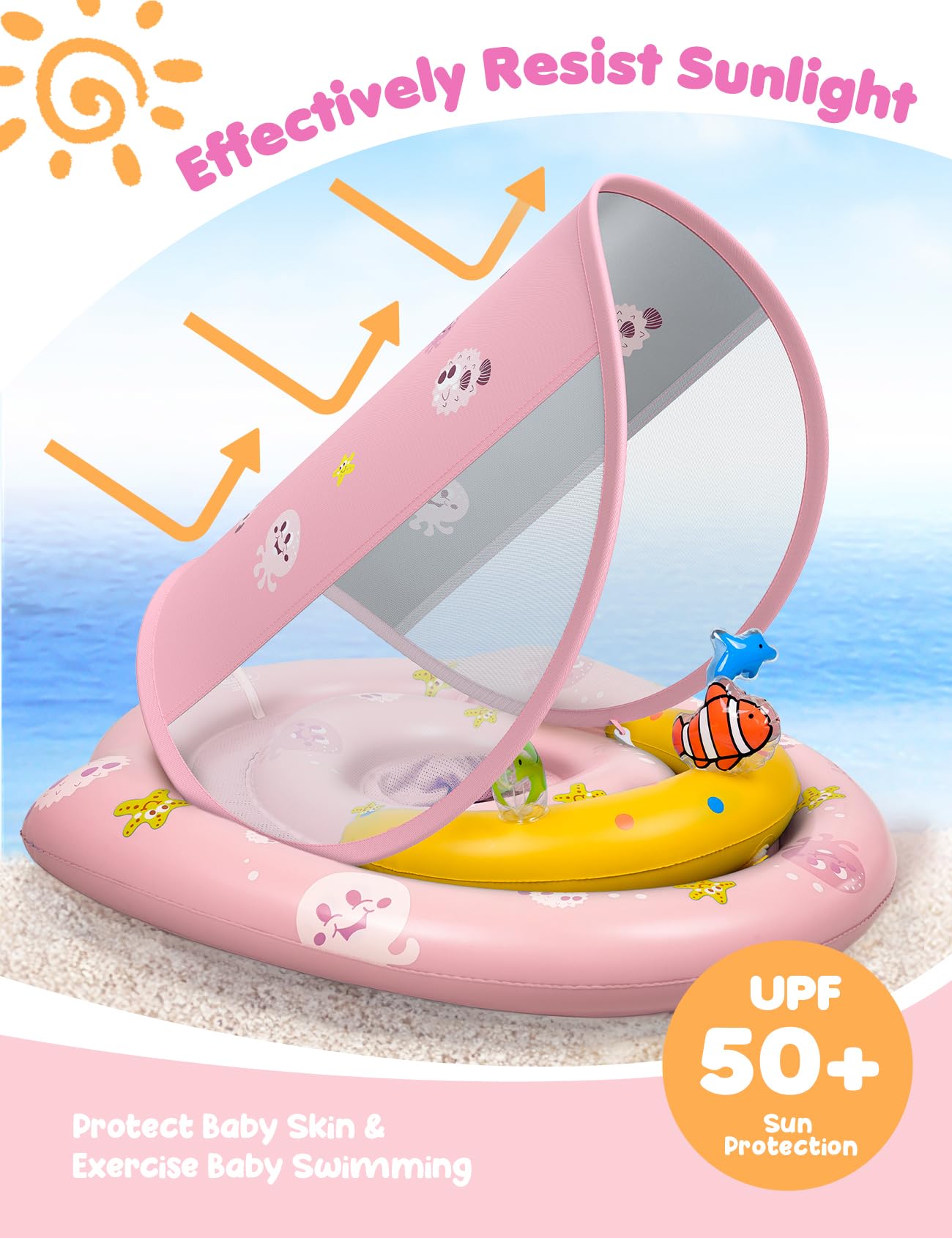 Baby Pool Float - Inflatable Infant Pool Float With Canopy Upf50+ Sun Protection - Baby Swimming Float Toy Play Console For 6-36