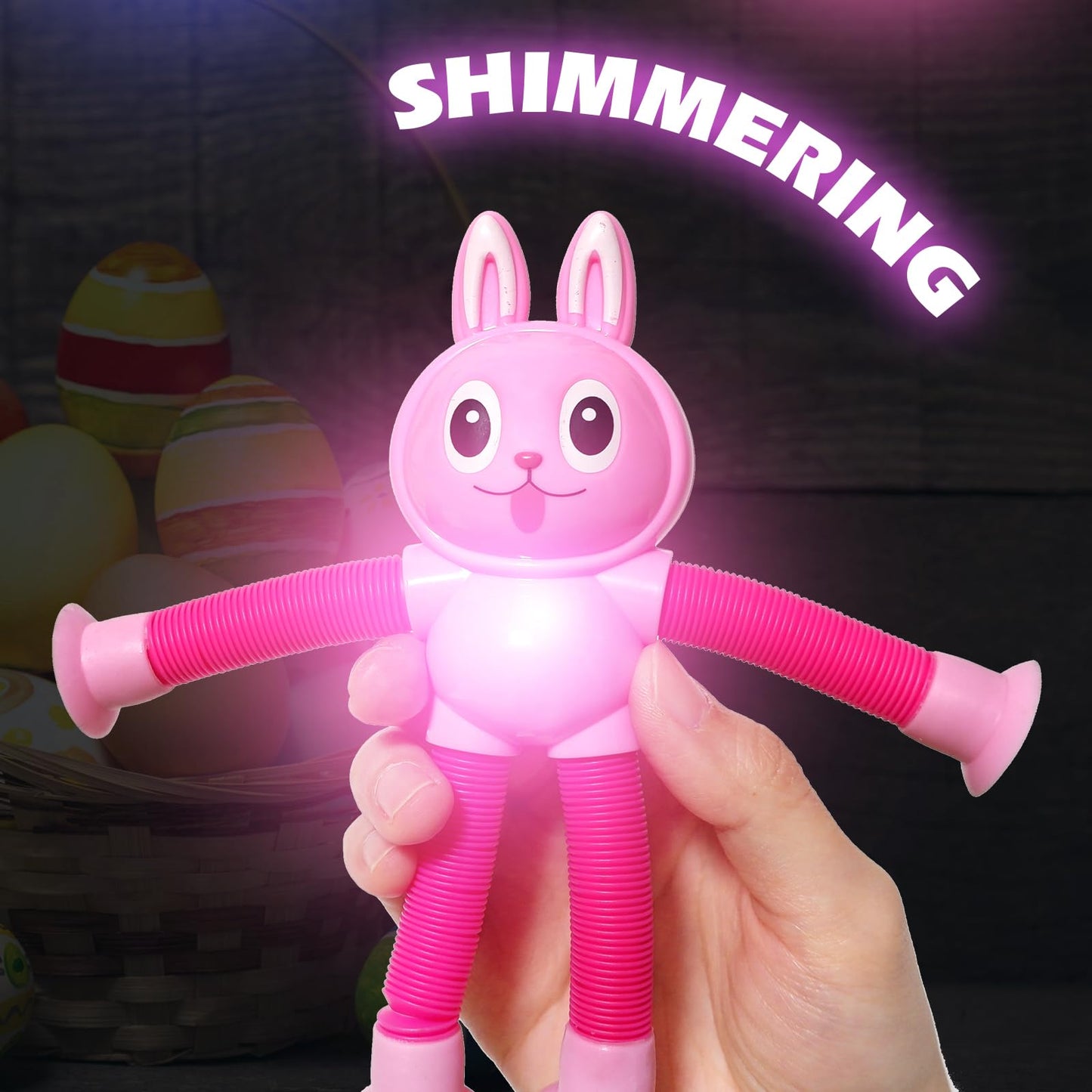 Easter Bunny Led Pop Tubes Light Up 4 Pcs Sensory Fidget Toys, Telescopic Suction Cup Easter Basket Stuffers Easter Egg Fillers