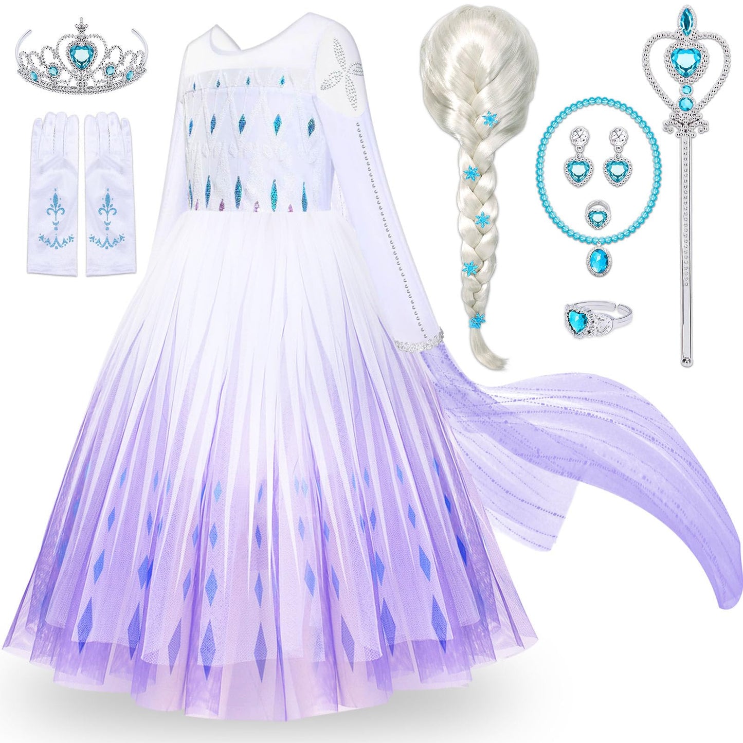 Tacobear 11Pcs Elsa Dress, Elsa Costume For Girls 3-10 With Detachable Sequin Cape/Wig/Crown/Wands, Princess Dress For Girls, Birthday Halloween Christmas Outfit For Kids 5T 6T