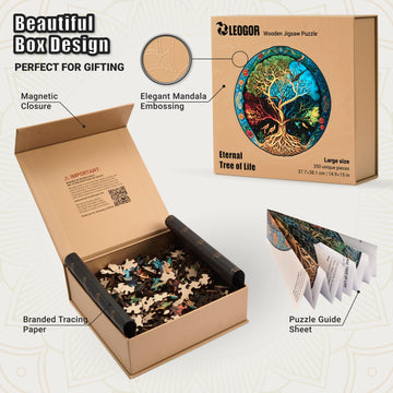 Leogor Mosaic Wooden Jigsaw Puzzles For Adults With Whimsical Pieces – 350 Piece Colorful Tree Of Life Jigsaw Puzzle With Unique Animal-Shaped Wood Pieces – Beautiful Design, Large 14.9'' X 15''