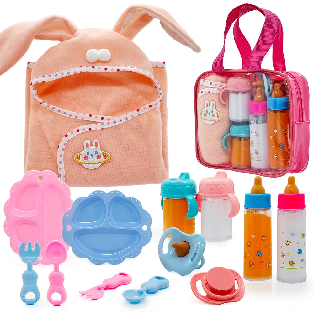Baby Doll Accessories Magic Bottle Set - 13 Pieces Doll Feeding Pretend Playset With Disappearing Milk & Juice Bottles, Pacifier
