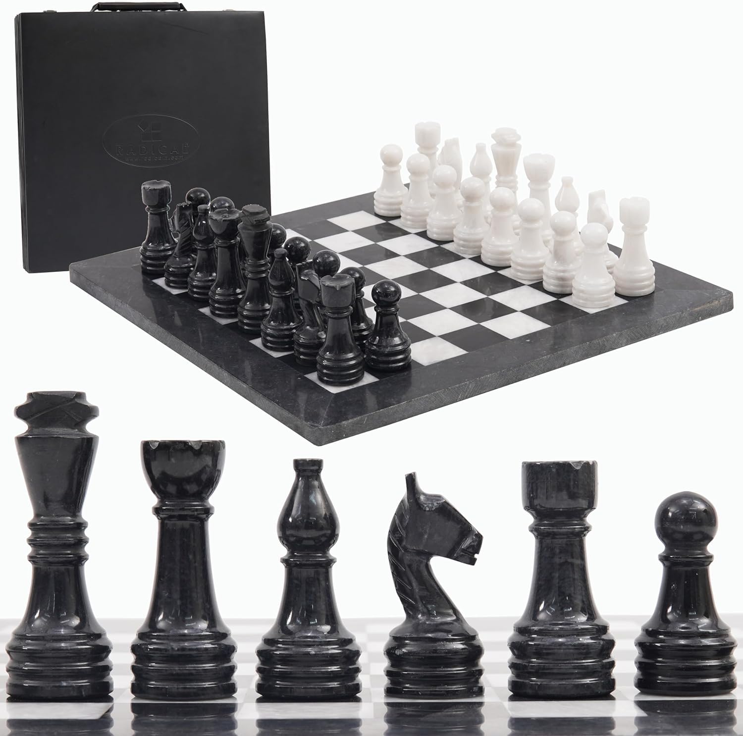 Radicaln Marble Chess Set Storage Box 15 Inches Black And White Handmade Chess Sets For Adults - Chess Board & 32 Chess Pieces - Board Chess Game