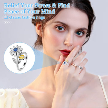 Cruzix 12Pcs Anxiety Fidget Rings for Women  Stainless Steel Spinner Rings Moon and Star Bead Band Ring Adjustable Open Ring Sunflower Fidget Rings for Men Teens Anti Stress Gift  Size 7-10