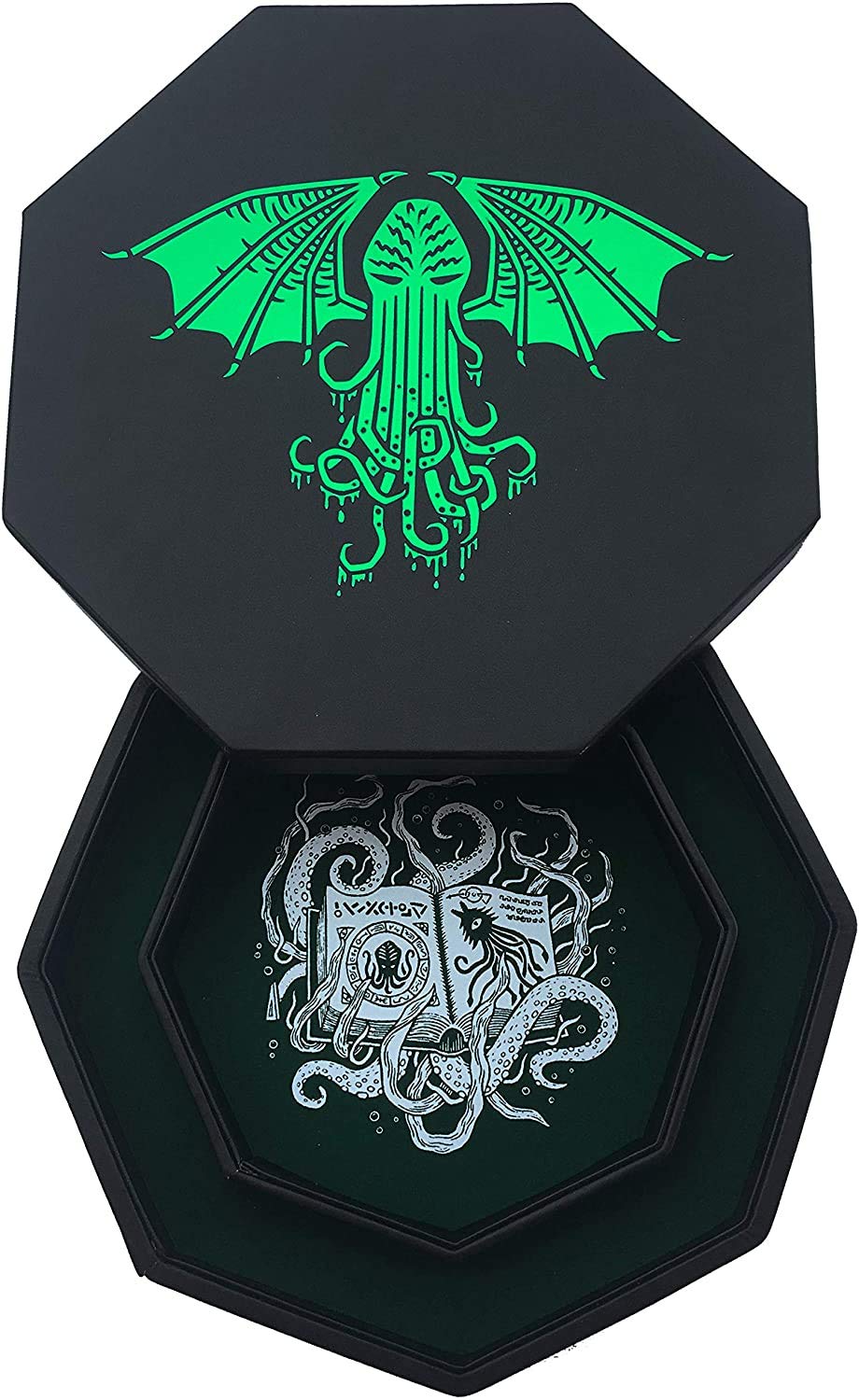 Fantasydice-Cthulhu Tome-Green - Dice Tray - 8'' Octagon with Lid and Dice Staging Area- Holds 5 Sets(7 Dice Set/Standard) for A
