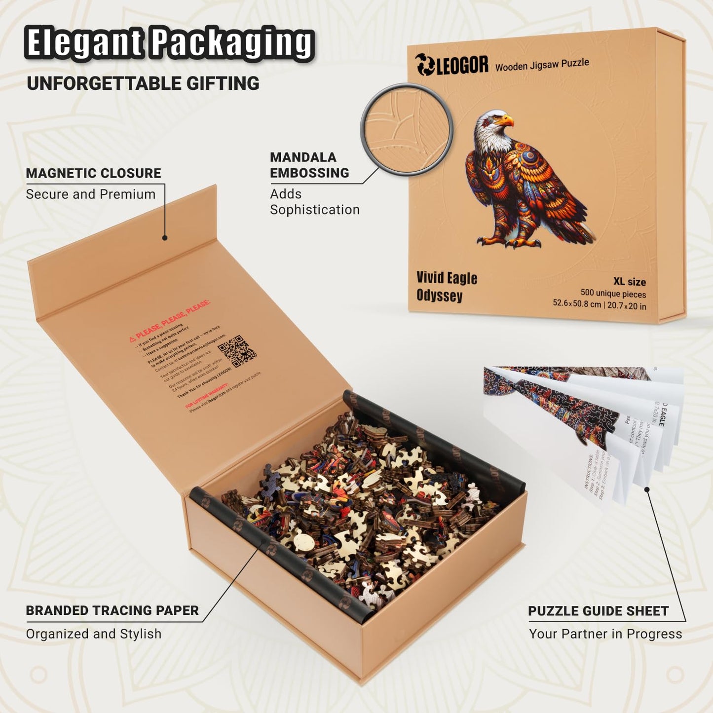 Vivid Eagle Odyssey - 500 Piece Wooden Puzzles for mature-themeds - 20.7 x 20 in - Extra-Thick 5 mm Wood Puzzle  Hand-Shaped Pieces  Iconic Bird XL Mosaic Design - enhanced Gift for Puzzle Lovers by LEOGOR