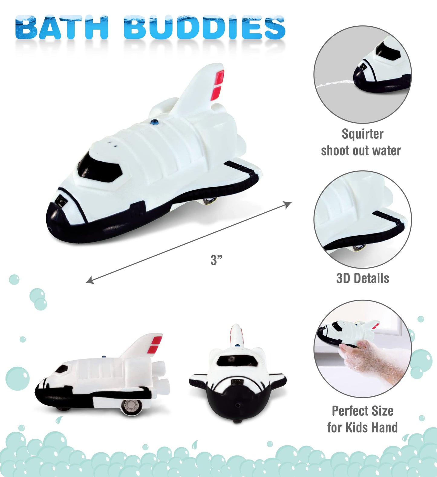 Dollibu Space Shuttle Bath Buddy Squirter Toy - Floating Rubber Baby Space Themed Bath Toy Plane, Fun Water Bath Toys For Kids And Baby, Cute Bathtime Space Bath Toys For Bathtub, Pool - 3 Inches