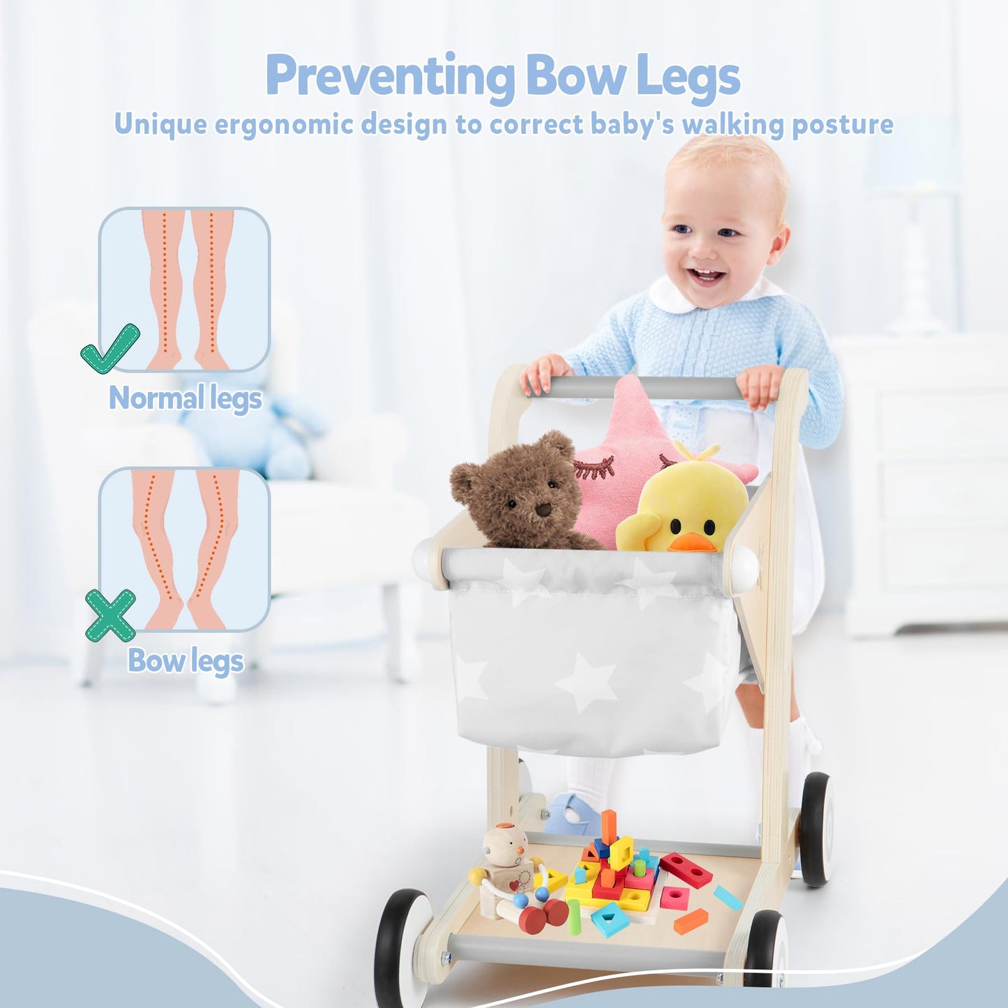 Asweets 2 In 1 Wooden Baby Walker Push And Pull Doll Stroller,Shopping Cart Learning Walker For Boys And Girls Sit Stand Learning Walker Toddler Toy