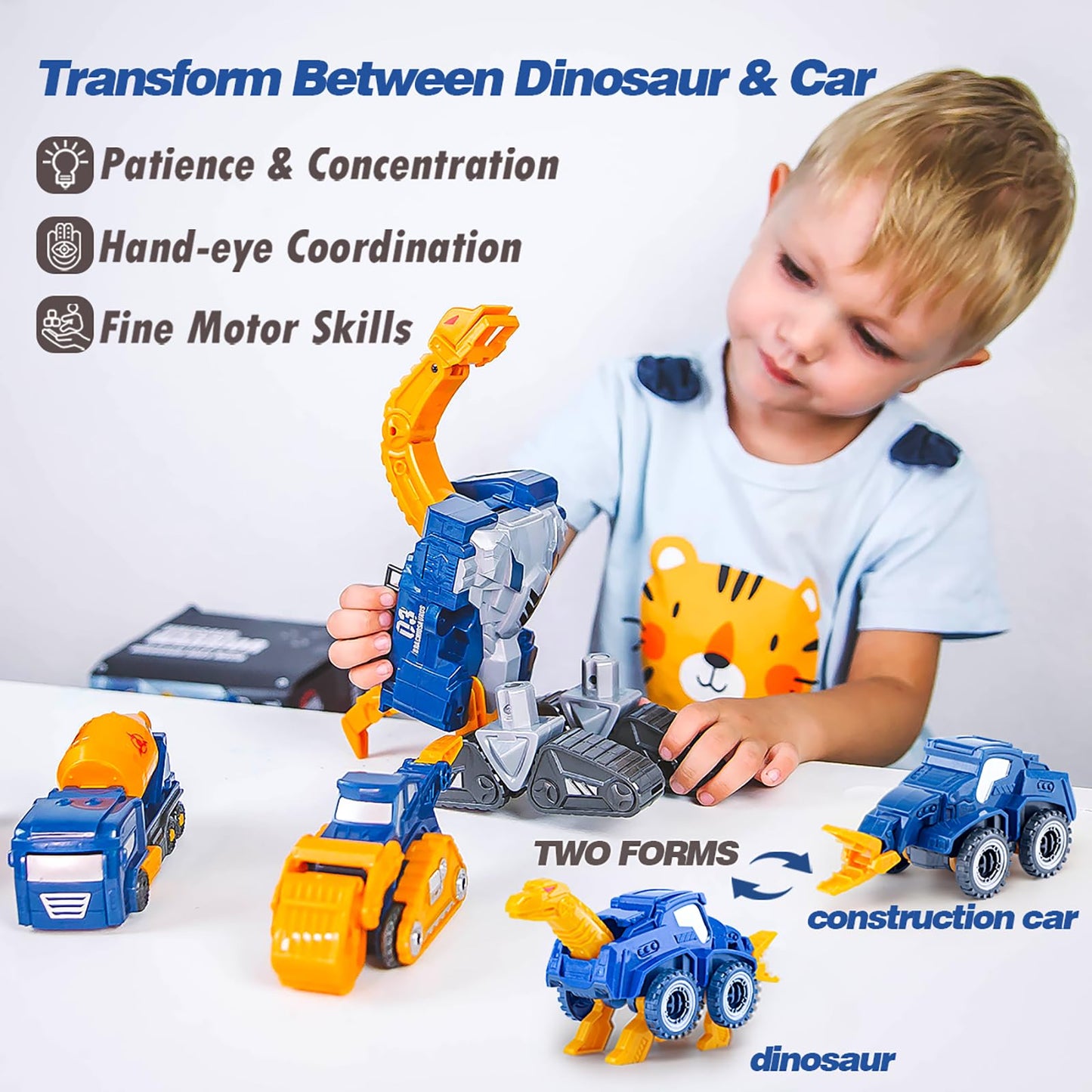 Fuzzy Pixie Toddler Construction Car Set - 5pcs Dinosaur Rescue Robots, DIY STEM Toy, Medium, Blue, Magnetic Vehicles