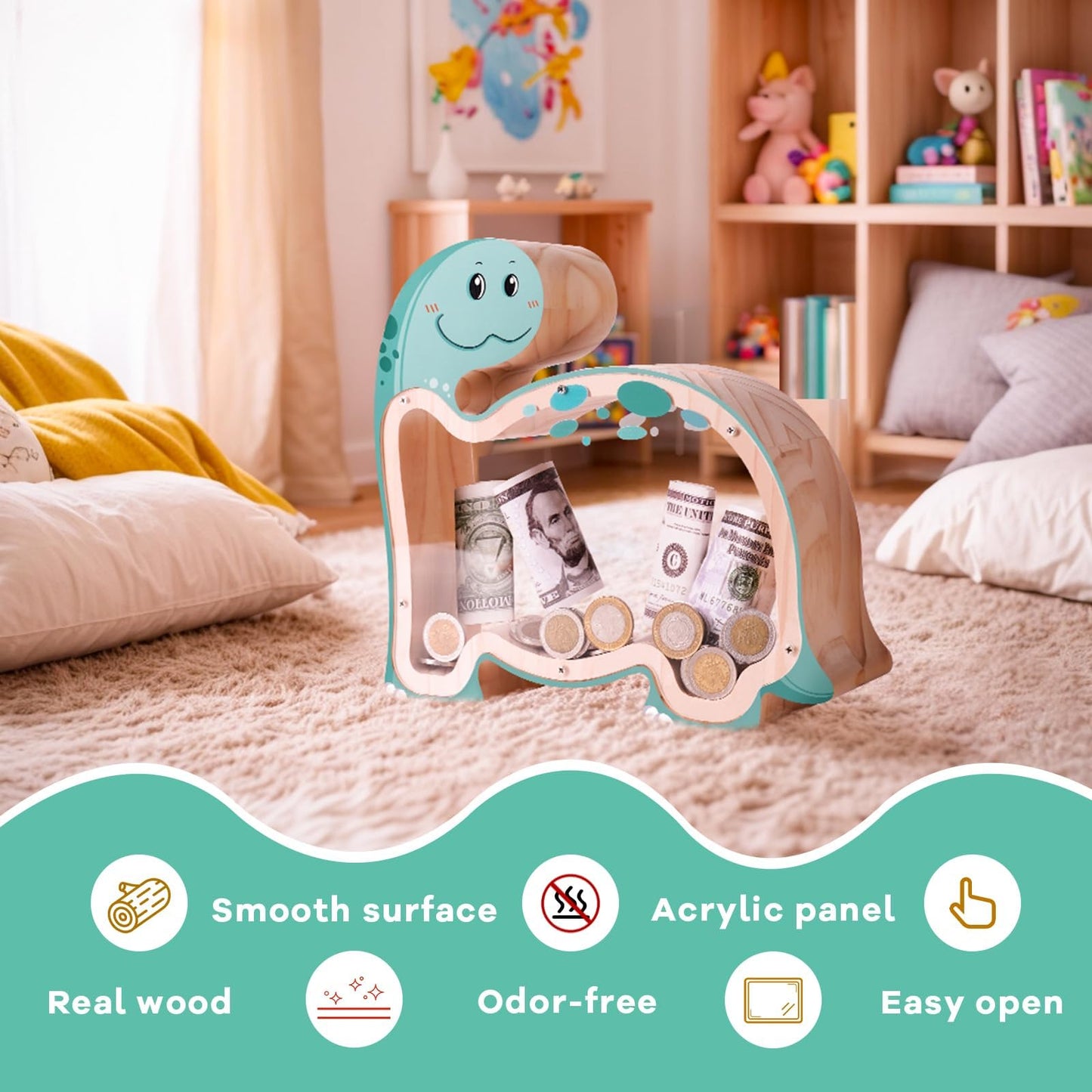 Wooden Dinosaur Brachiosaurus Piggy Bank For Kids Money Coin Bank, Unbreakable Piggy Bank Diy Personalizable Kids Safe Money Box