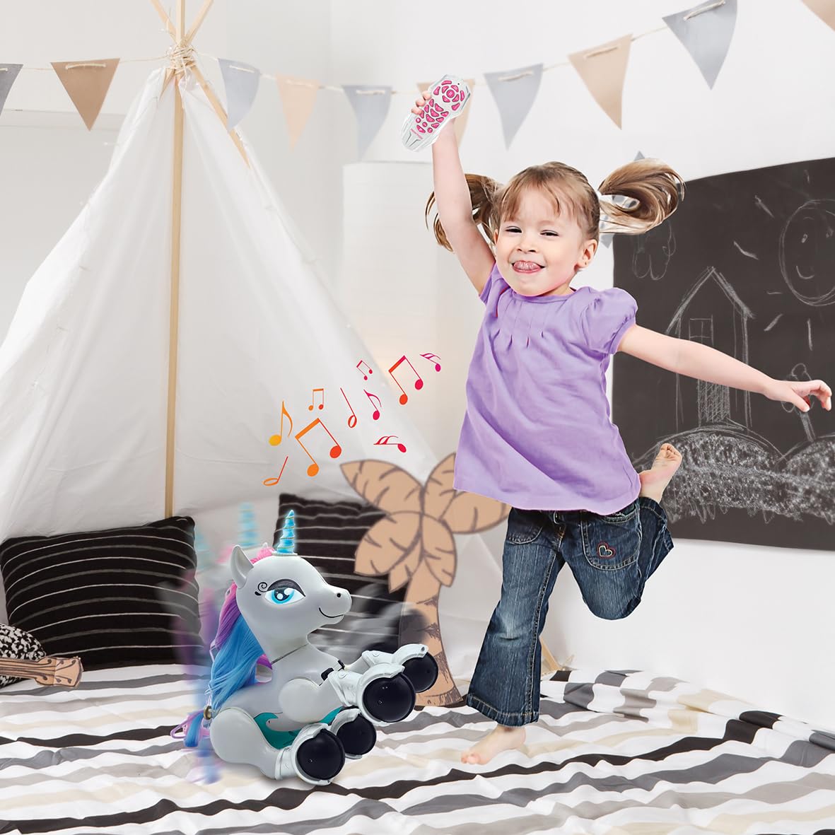 LEXiBOOK My First Smart Unicorn - Remote Control, Gesture Control, Rechargeable, One Size, White/Pink/Blue, Model UNI01