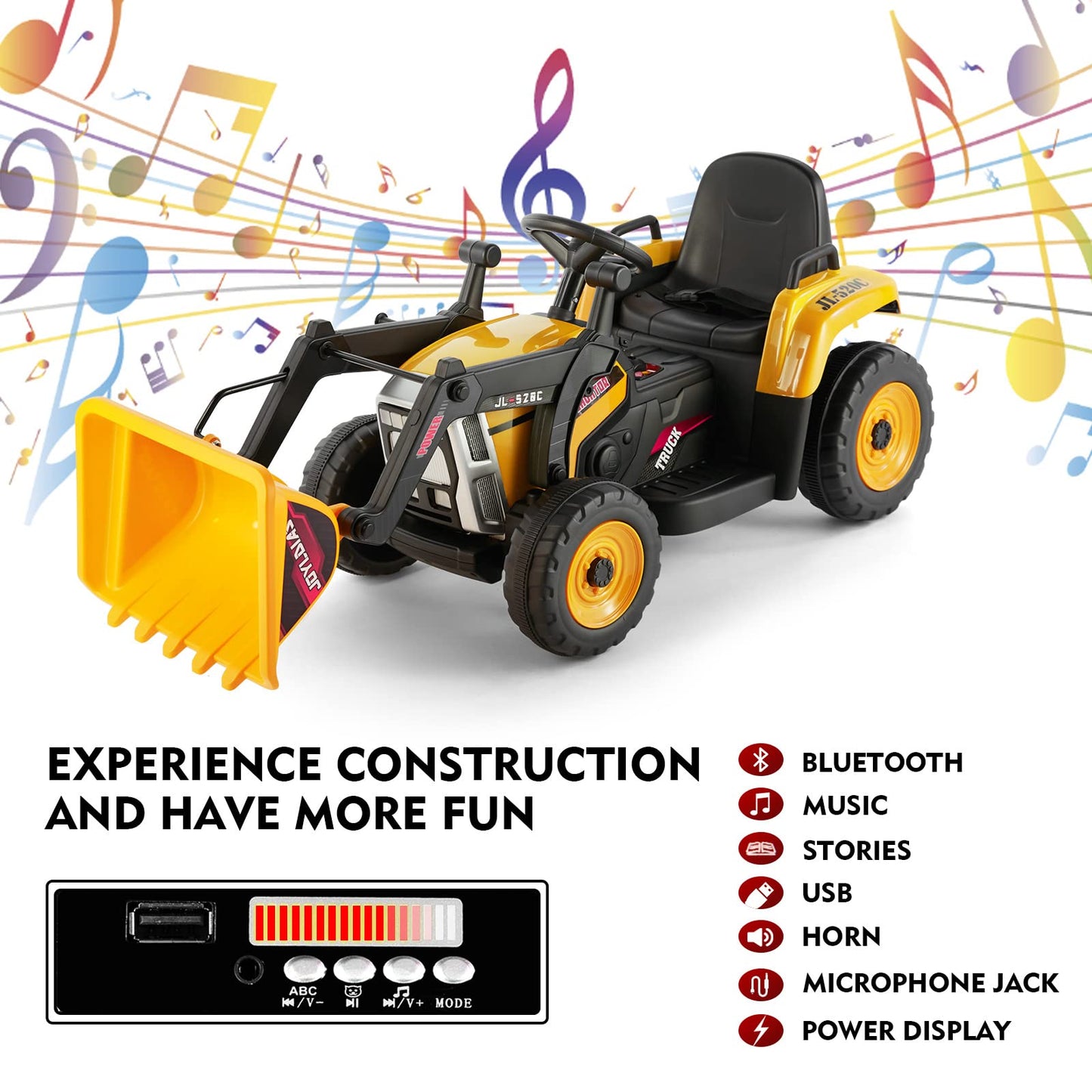 Joyldias 12V Ride On Excavator With 2.4Ghz Remote Control, Electric Construction Vehicle Bulldozer For Kids Digger With 3 Speeds, Bluetooth, Microphone Jack, Music, Lights, Yellow
