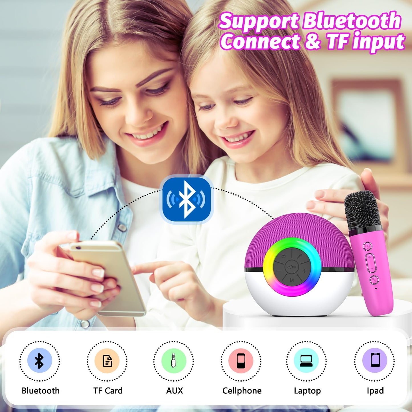Mini Karaoke Machine Speaker For Kids Adults, Portable Bluetooth Microphone Song Toys With Led Light, Best Chritmas Birthday Fes