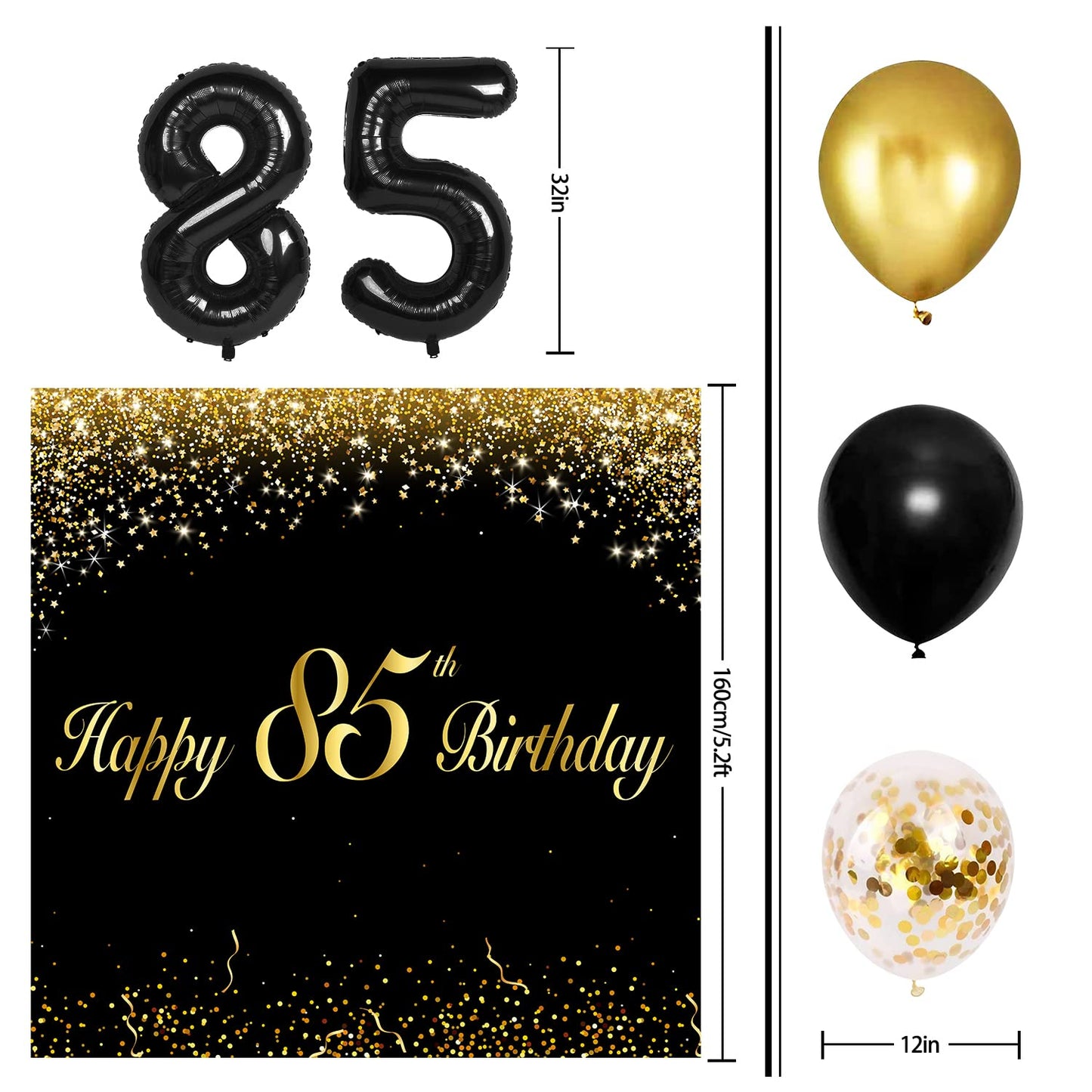 Happy 85Th Birthday Balloons Black Set Decor - Cheers To 85 Years Old Party Theme Garland Banner Backdrop Decorations For Women