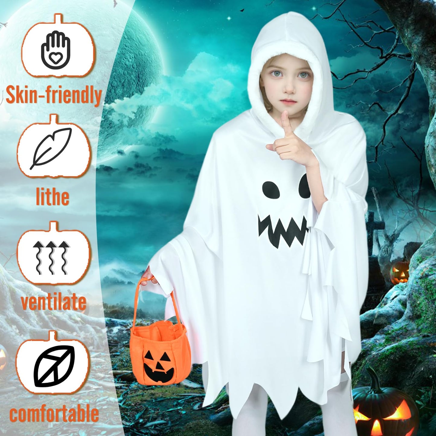 Forfamy Ghost Costume Kids Glow In The Dark Hooded Cloak White Halloween Costumes Spooky Trick Or Treating Cosplay Poncho (White