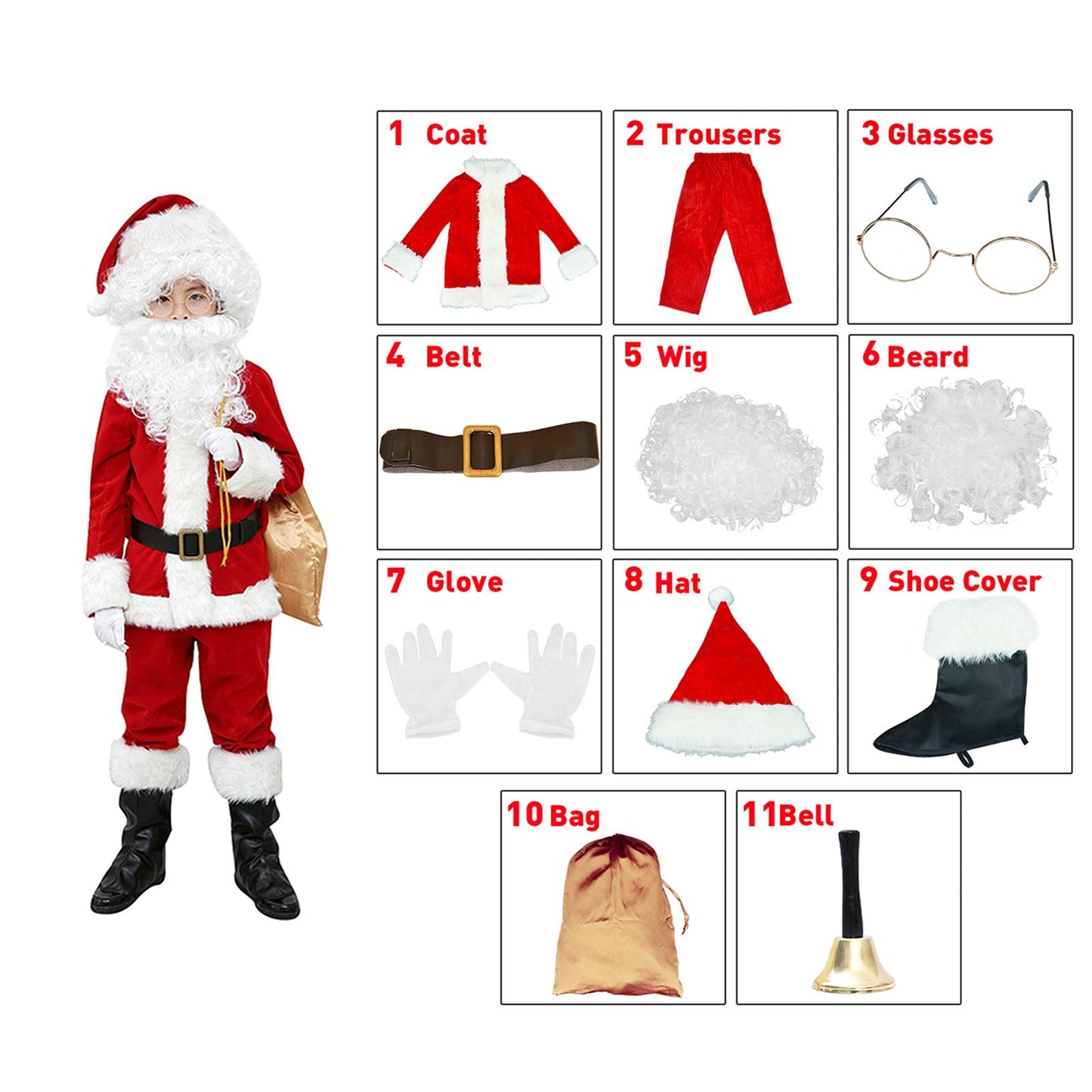 Elfjoy Children'S Santa Suit Kids Christmas Halloween Costume Cosplay Set Of 11 Pcs (X-Large)