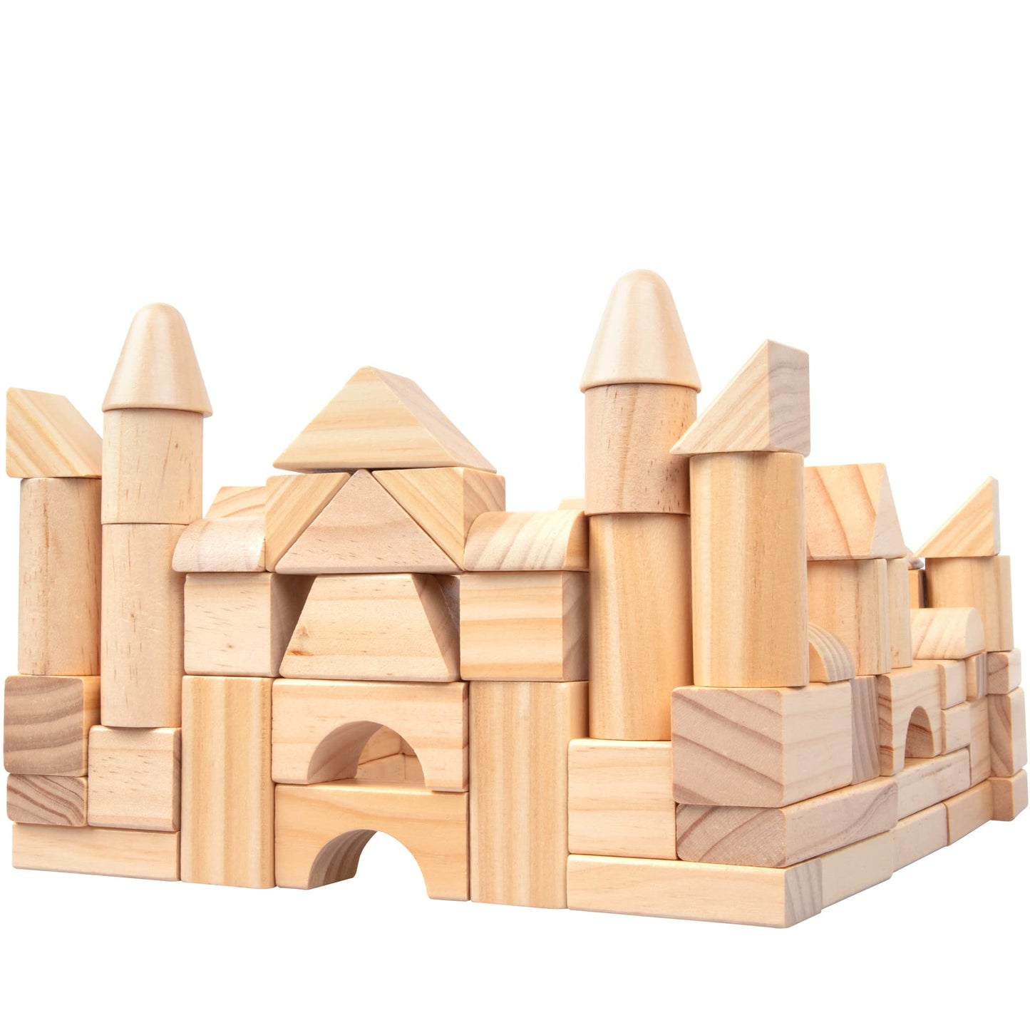 Wooden Blocks Set - 100 Pc Natural Colored Wood Building Block Toys- 100% Real Wood, 14 Different Shapes, Great Gift For Kids Or School Project, Hands On Indoor Activity Play- Build, Stack And Create