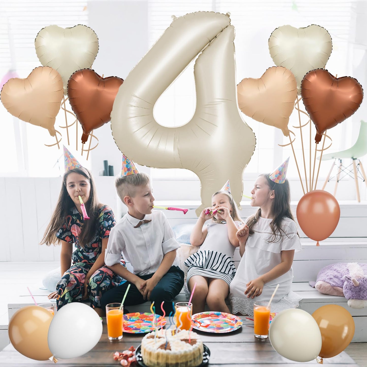 Biapian 40 Inch Cream Number 4 Balloons, Cream White Large 4Th Birthday Balloons With 18'' Foil Cream Heart Balloon Helium For 4