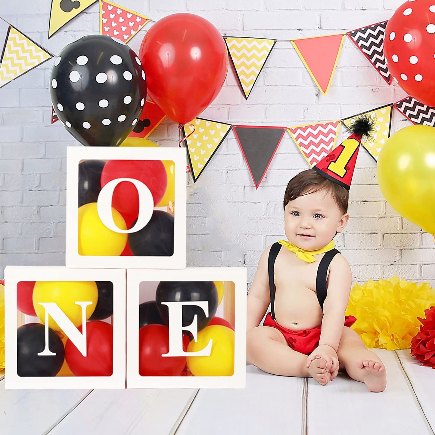 First Birthday Decorations For Boy Girls, One Balloon Boxes With Red Yellow And Black Balloons, One Blocks For Cartoon Mouse Rac