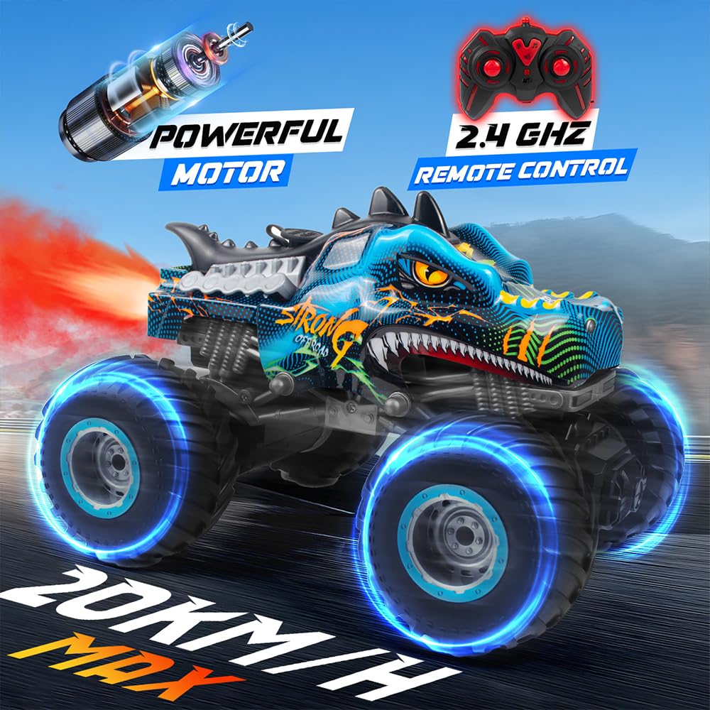 Rhybor Remote Control Dinosaur Car, 2.4Ghz All Terrain Remote Control Monster Truck, Rc Dinosaur Monster Car, Spray Music Monste