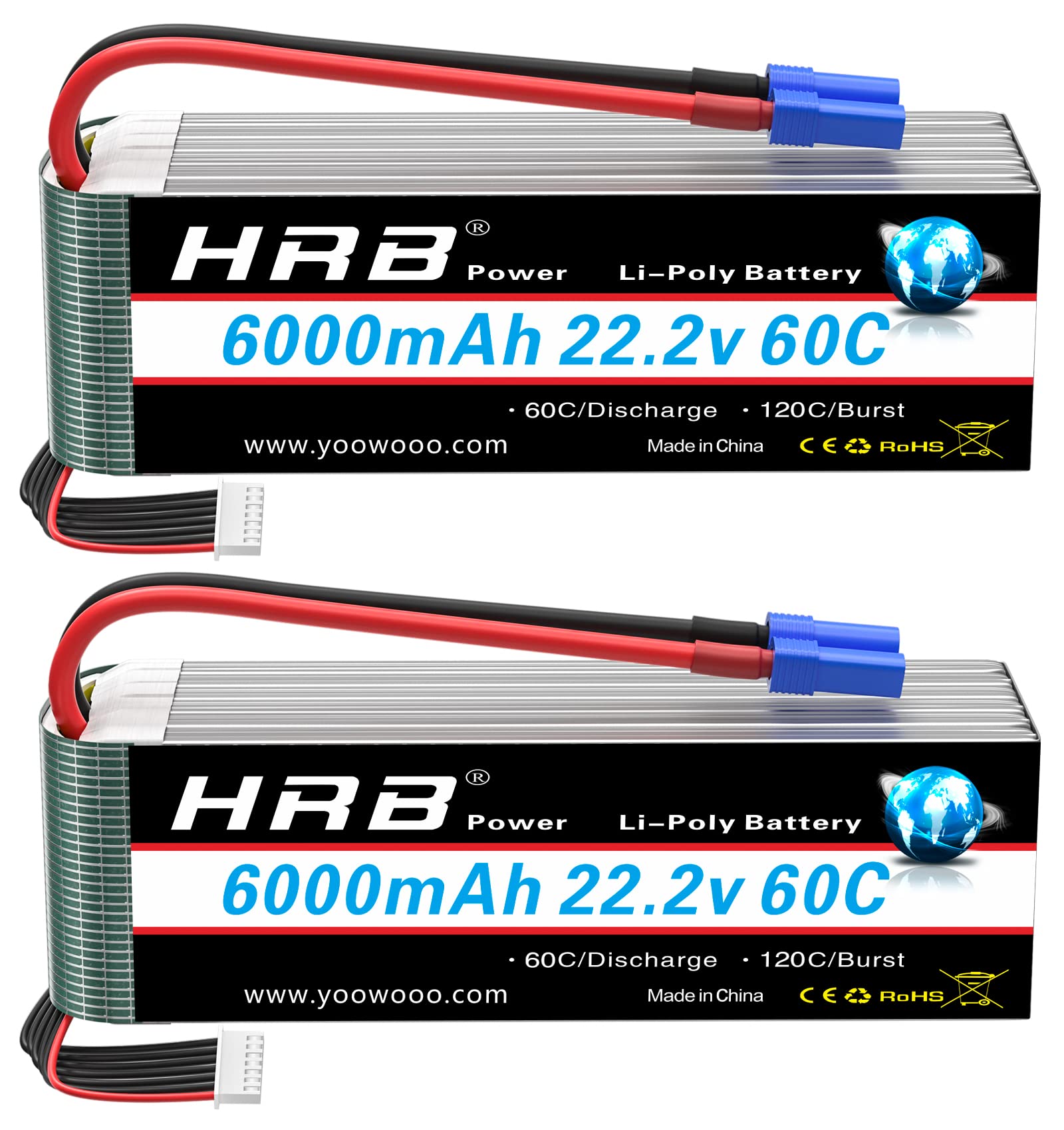 HRB 6S 6000mAh Lipo Battery EC5 60C 22.2V RC Lipo Battery Compatible with RC Helicopter Airplane Car Boat Truck (2packs)