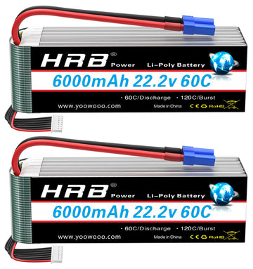 HRB 6S 6000mAh Lipo Battery EC5 60C 22.2V RC Lipo Battery Compatible with RC Helicopter Airplane Car Boat Truck (2packs)