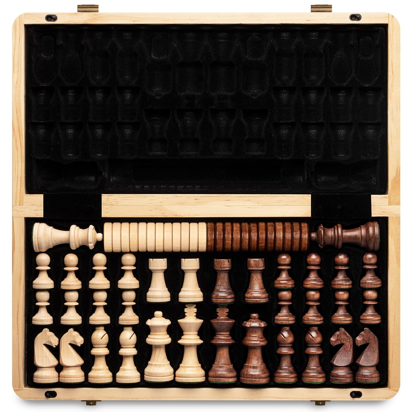 A&A 15'' Magnetic Wooden Chess Set/Folding Board / 3'' King Height German Knight Staunton Chess Pieces/Mahogany & Maple Inlaid /