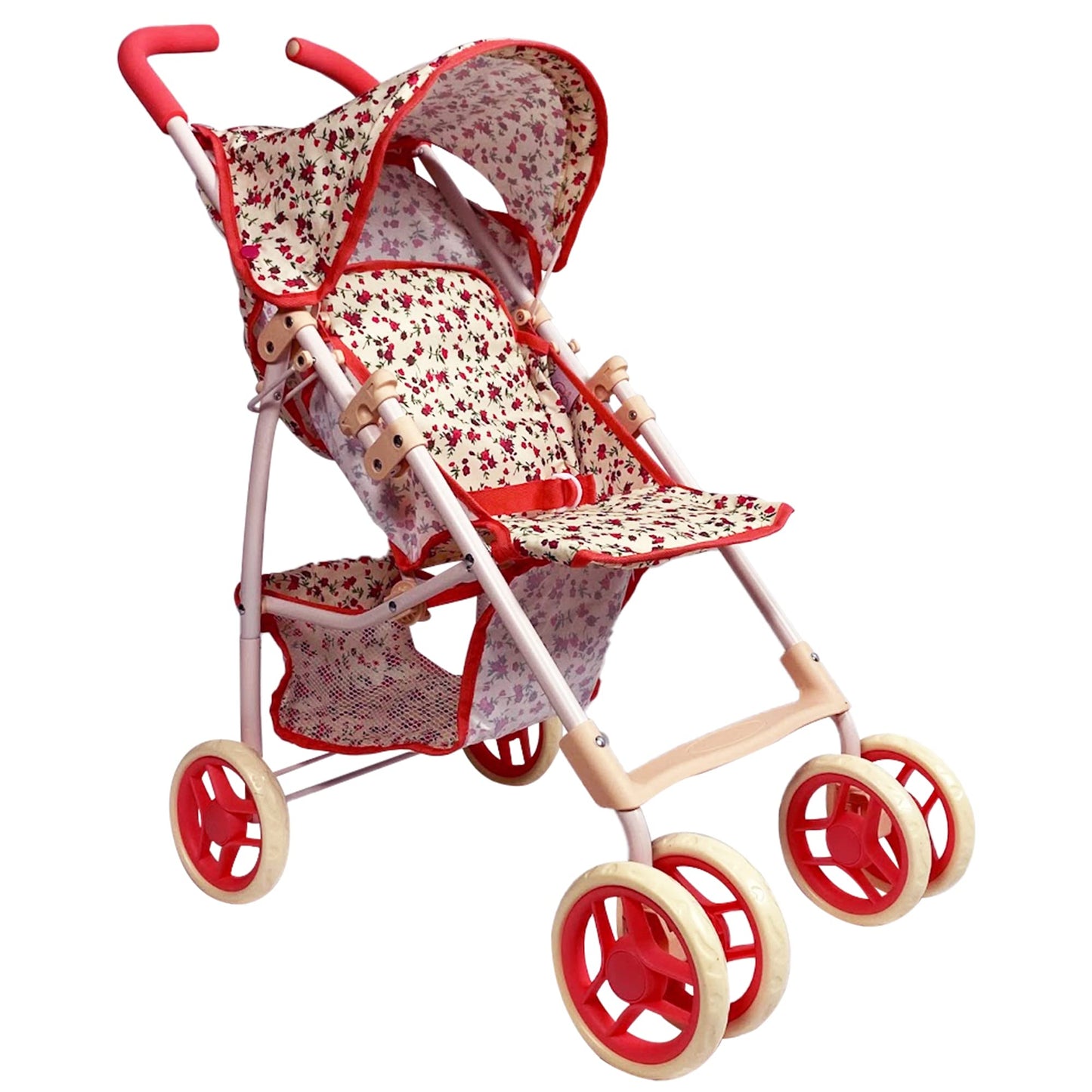 The New York Doll Collection Baby Doll Stroller - 28” Floral Toy Stroller with Canopy, Mesh Basket, Rubber Tires, Model A226
