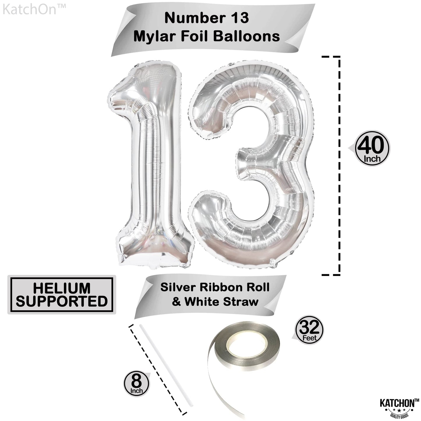 Katchon, Big Silver 13 Balloon Numbers - 40 Inch | 13Th Birthday Decorations For Girls | 13 Number Balloons, 13Th Birthday Decorations For Boys | 13Th Birthday Balloons, 13Th Balloons For Anniversary