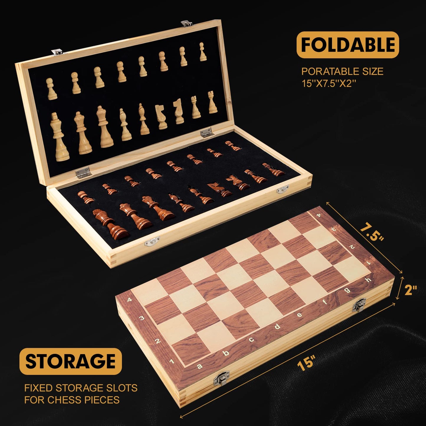 LuckyWish 15" Magnetic Wooden Folding Chess Set - Handmade, Bronze, Includes 2 Extra Queens, Model SA-123, Perfect for Adults & Kids