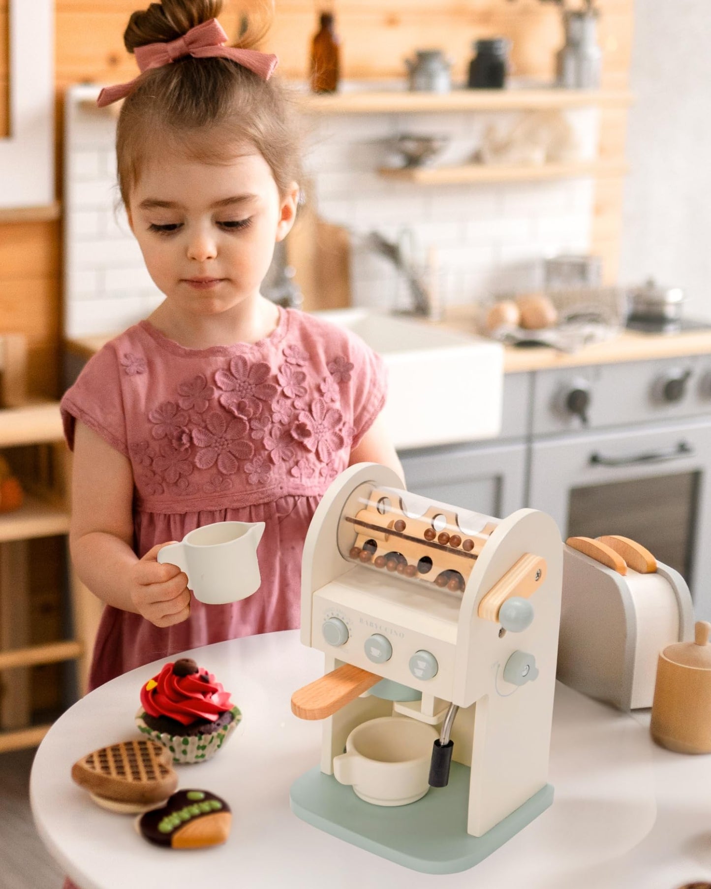 Toy Coffee Maker for Kids - Wooden Coffee Maker Toy for Imaginative Play - Kids Coffee Maker Playset for Skill Development - Boo