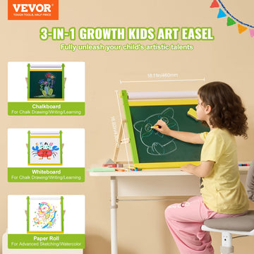 VEVOR Tabletop Art Easel for Kids, 3-in-1 Wooden Double-Sided Kids Art Easel with Magnetic Whiteboard, Chalkboard, Paper Roll,