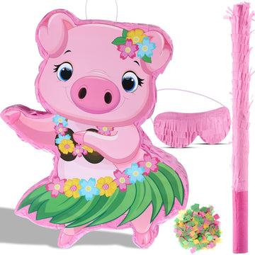 Threan Small Pig Piñata Hawaiian Party Decorations Pink Pig Piñata With Blindfold Stick For Summer Hawaii Aloha Tropical Themed Birthday Party Supplies, 16.5 X 12.4 X 3.1 Inch