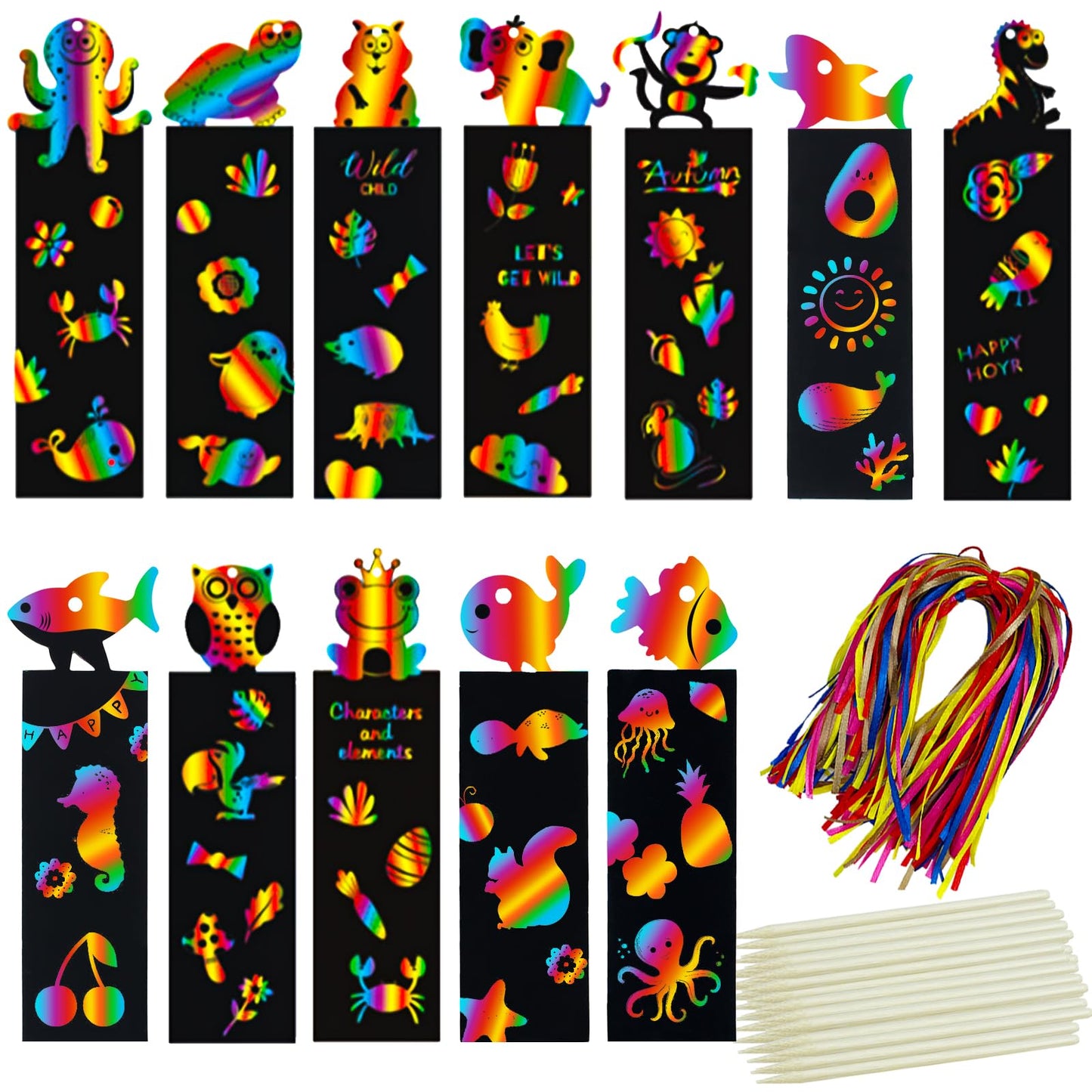 100Pcs Scratch Art Bookmarks Making Kit for Kids, Scratch Paper DIY Animal Bookmarks Bulk with 100 Pcs Ribbons and 100 Pcs Wood 