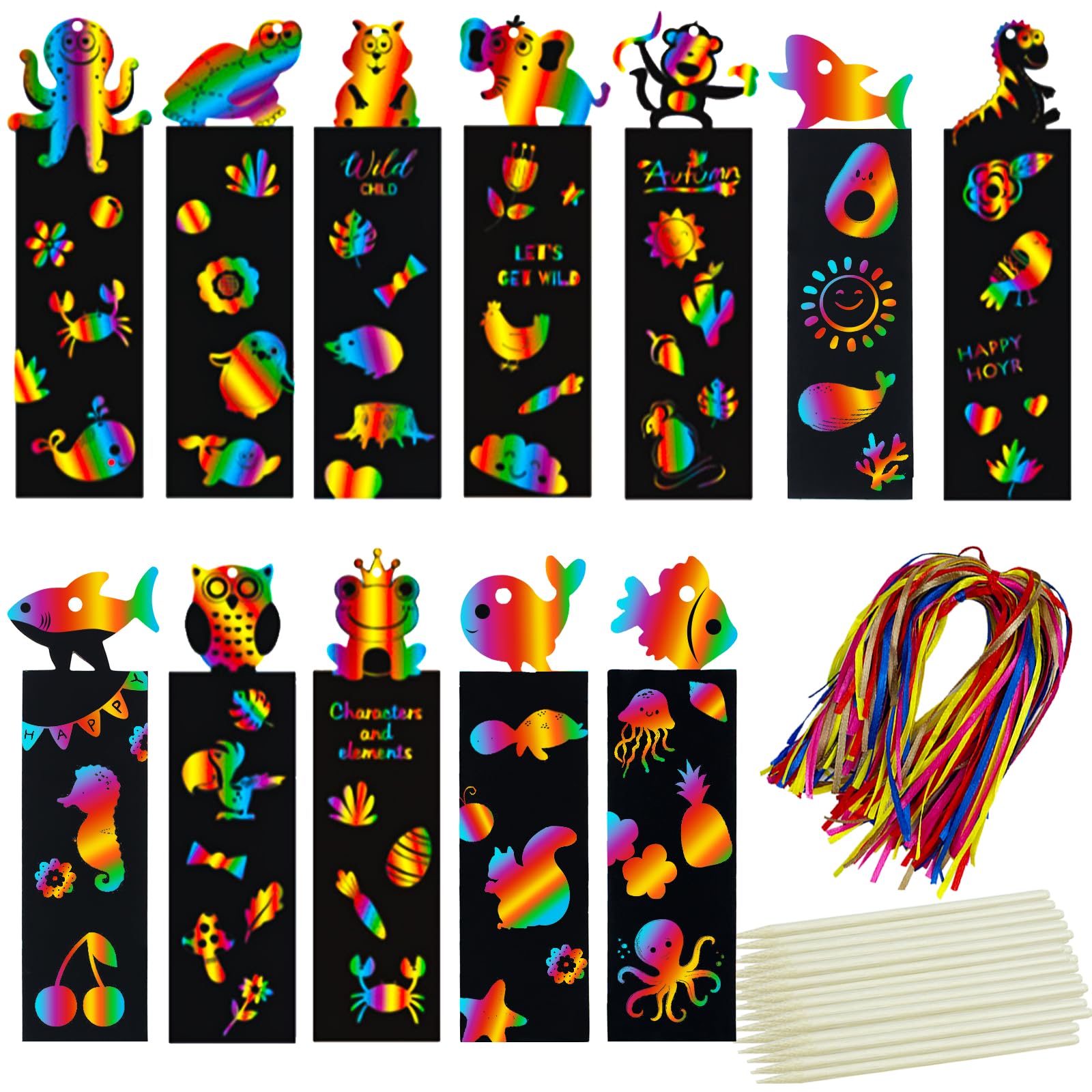 100Pcs Scratch Art Bookmarks Making Kit for Kids, Scratch Paper DIY Animal Bookmarks Bulk with 100 Pcs Ribbons and 100 Pcs Wood 
