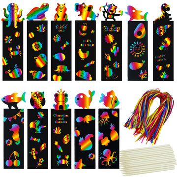 100Pcs Scratch Art Bookmarks Making Kit for Kids, Scratch Paper DIY Animal Bookmarks Bulk with 100 Pcs Ribbons and 100 Pcs Wood 