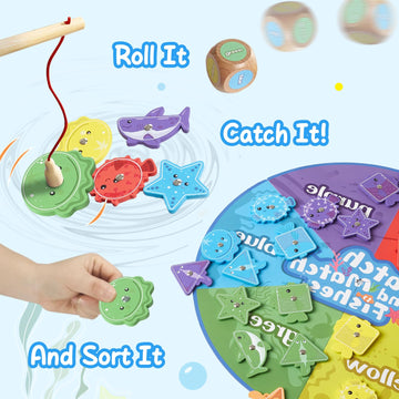Wooden Montessori Fishing Game for Toddlers, Fine Motor Skill Toy for Kids, Color Sorting Shape Recognition Preschool Educationa