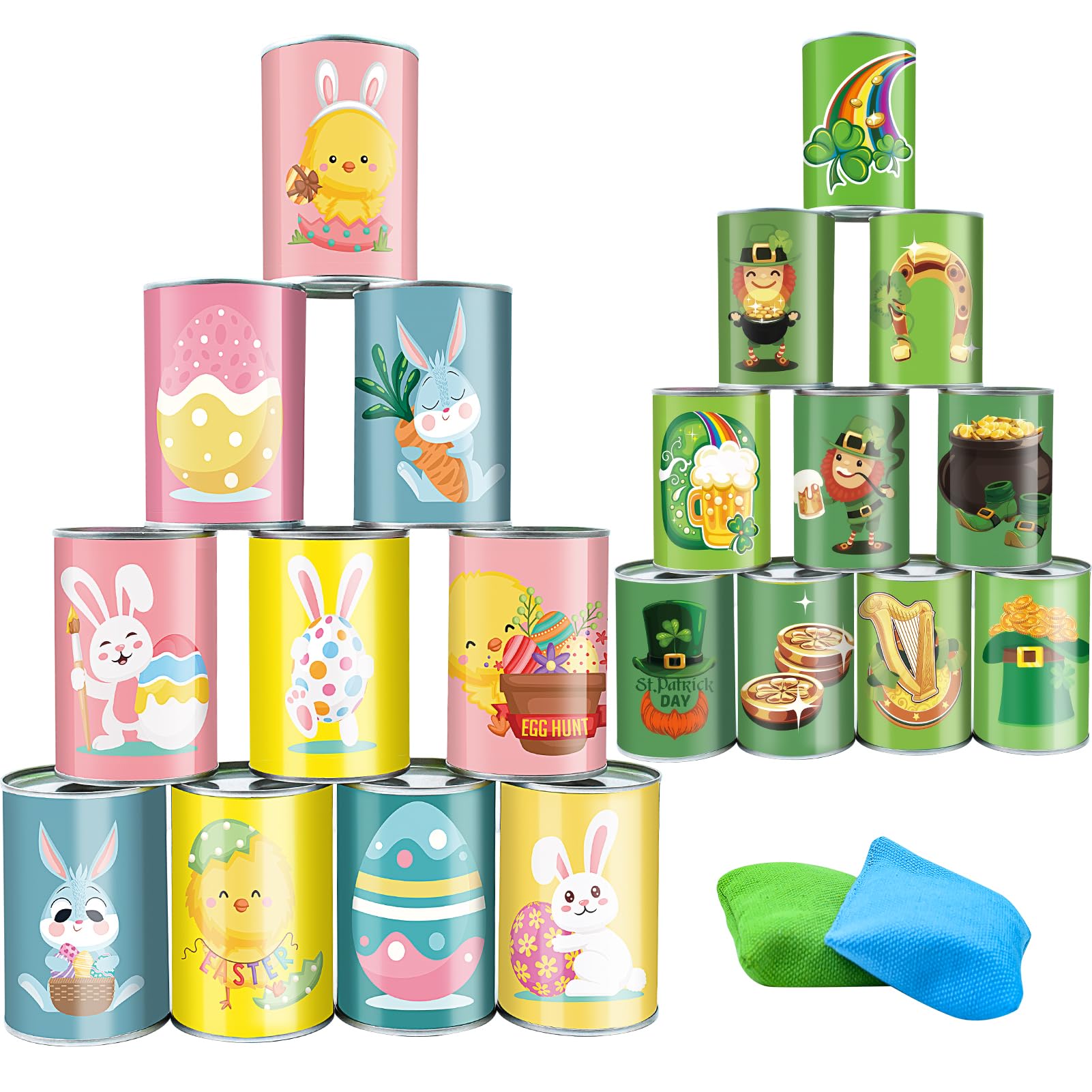 Easter Bean Bag Toss Game Carnival Party Toss Game St. Patrick's Day tossing Knockdown Can Game with 10 Cans 2 Sandbags for Easter St. Patrick's Day Party Family Game Kids mature-themeds