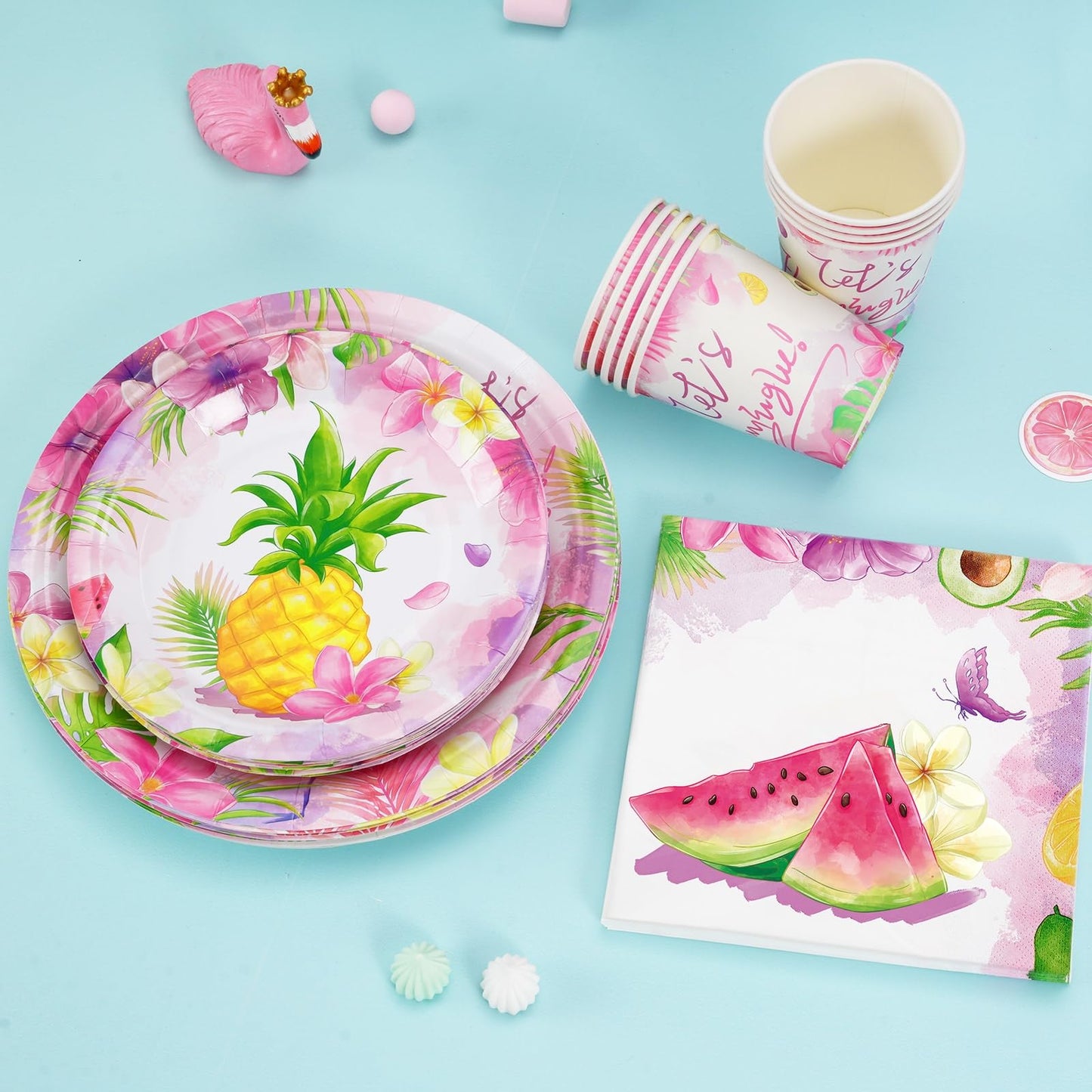 Wernnsai Flamingo Party Supplies - 64Pcs Tropical Hawaiian Luau Party Decorations Disposable Party Plates Napkins Cups Pink Tableware Set For Kids Girls Baby Shower Birthday Party Decor