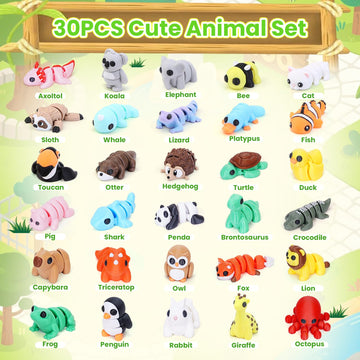 Gencokok 30PCS Mini 3D Printed Animal Figurines, Flexible Plastic Fidget Toys for Desk Decoration and Party Favors