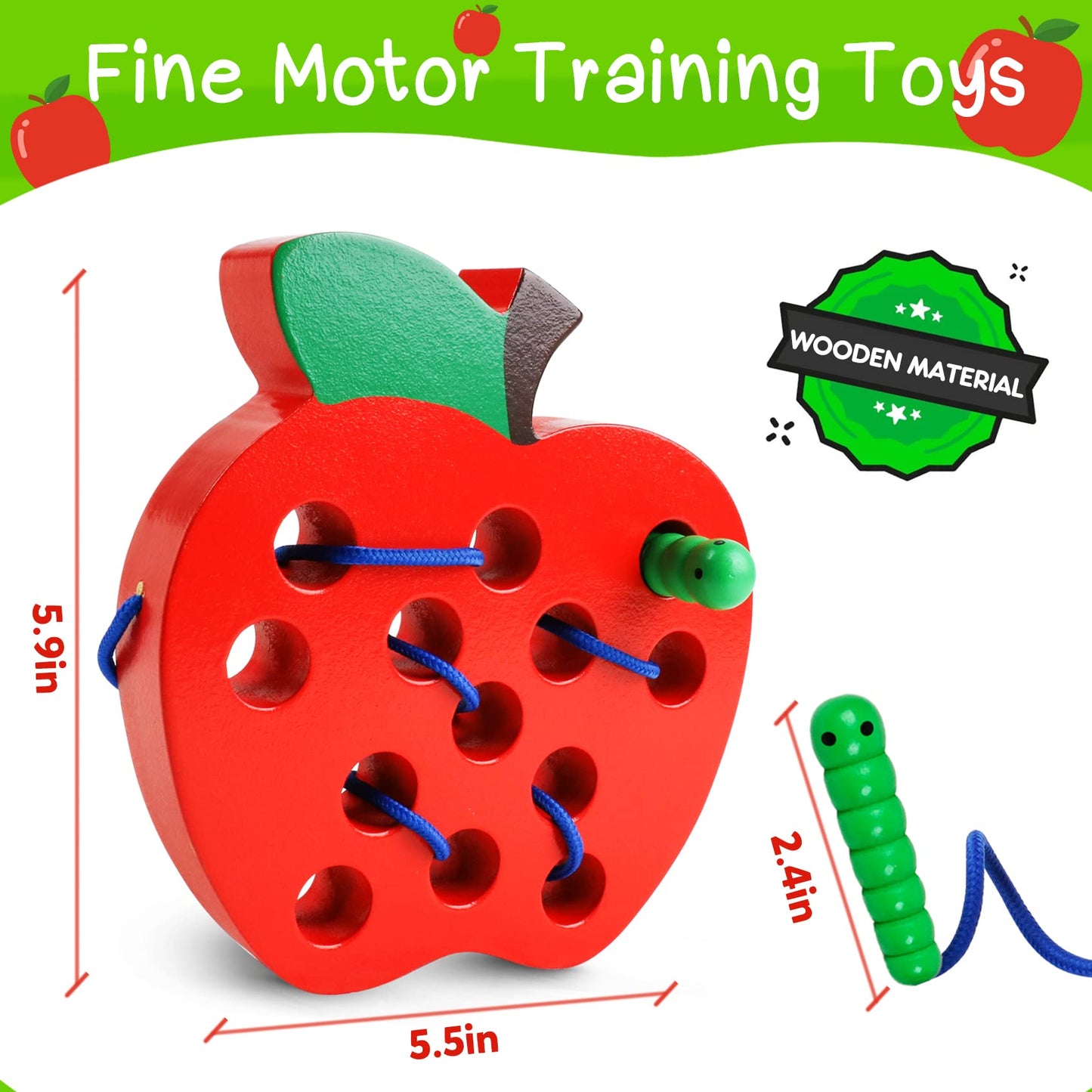 Lacing Toys For Toddlers - Wooden Lacing Apple Threading Toy, Shape Puzzle Fun Travel Game For Montessori Early Learning Of Fine Motor Skills Lacing Toy, Educational Gift For Boys And Girls Ages 3-5