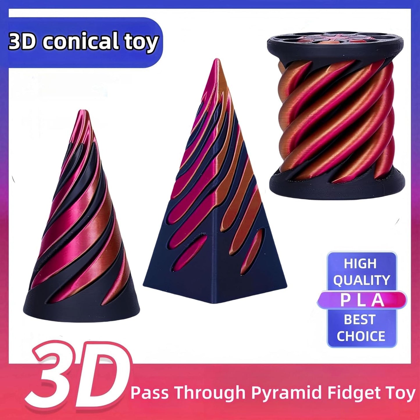 Timchess 3Pcs Impossible Cone, Spiral Cone Fidget Toy, Impossible Pyramid Passthrough 3D Printed Fidget Toys Adults, Spiral Illu