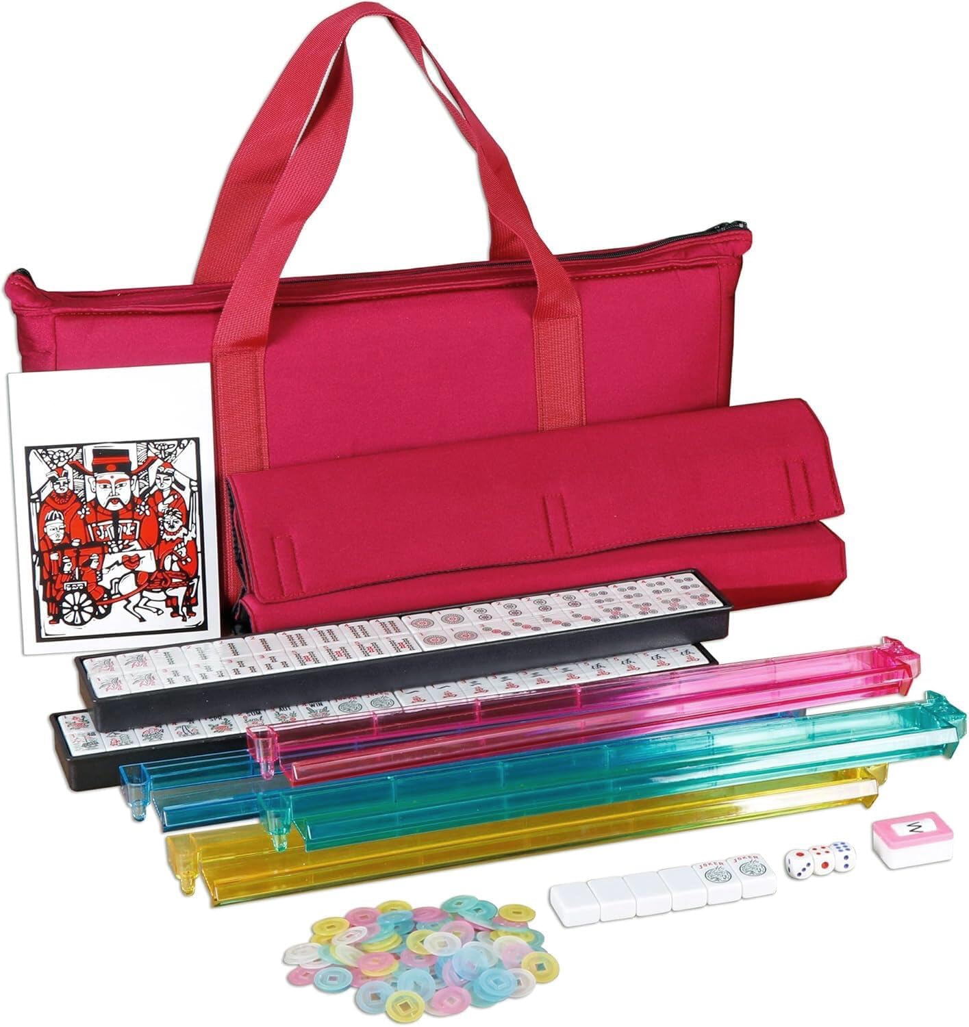 F2C American Mah Jongg Mahjong Set 166 Tiles  4 Colors All-in-One Rack/Pushers  Red Soft Bag and Accessories -Classic Full Size Complete Mahjongg Mah Jong Set (Red)