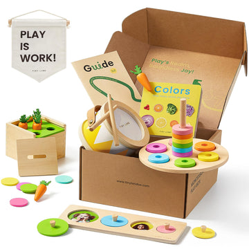 Tiny Land Montessori Toy Set For Baby 13-15 Months Explorer Play Kit - 7-In-1 Baby Drum, Carrot Harvesting And Coin Boxes, Stacking And Color Matching Plate, Size Matching Puzzle, Color Board Book