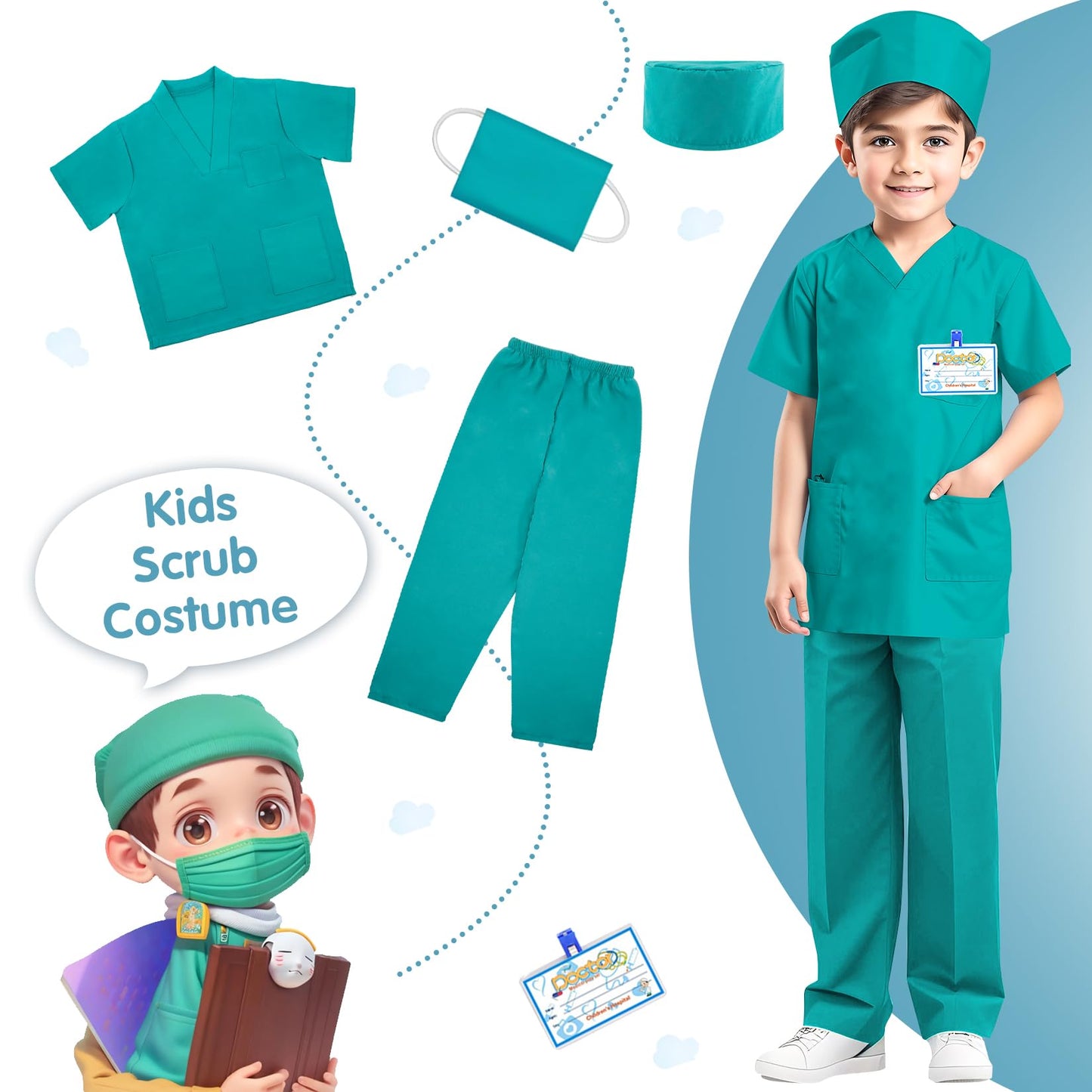 Riorand Doctor Costume For Kids,Toddler Nurse Scrubs Career Day Costume Halloween Dress Up Cosplay For Boys Girls 3-11 Years (Gr