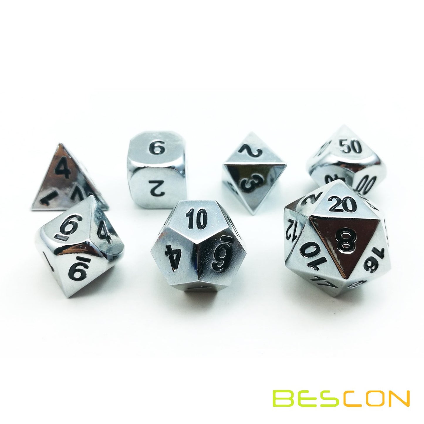 Bescon Super Shiny Gloss Silver Metal 7Pcs Polyhedral Dice Set, Chrome Metal Rpg Game Dice 7Pcs Set