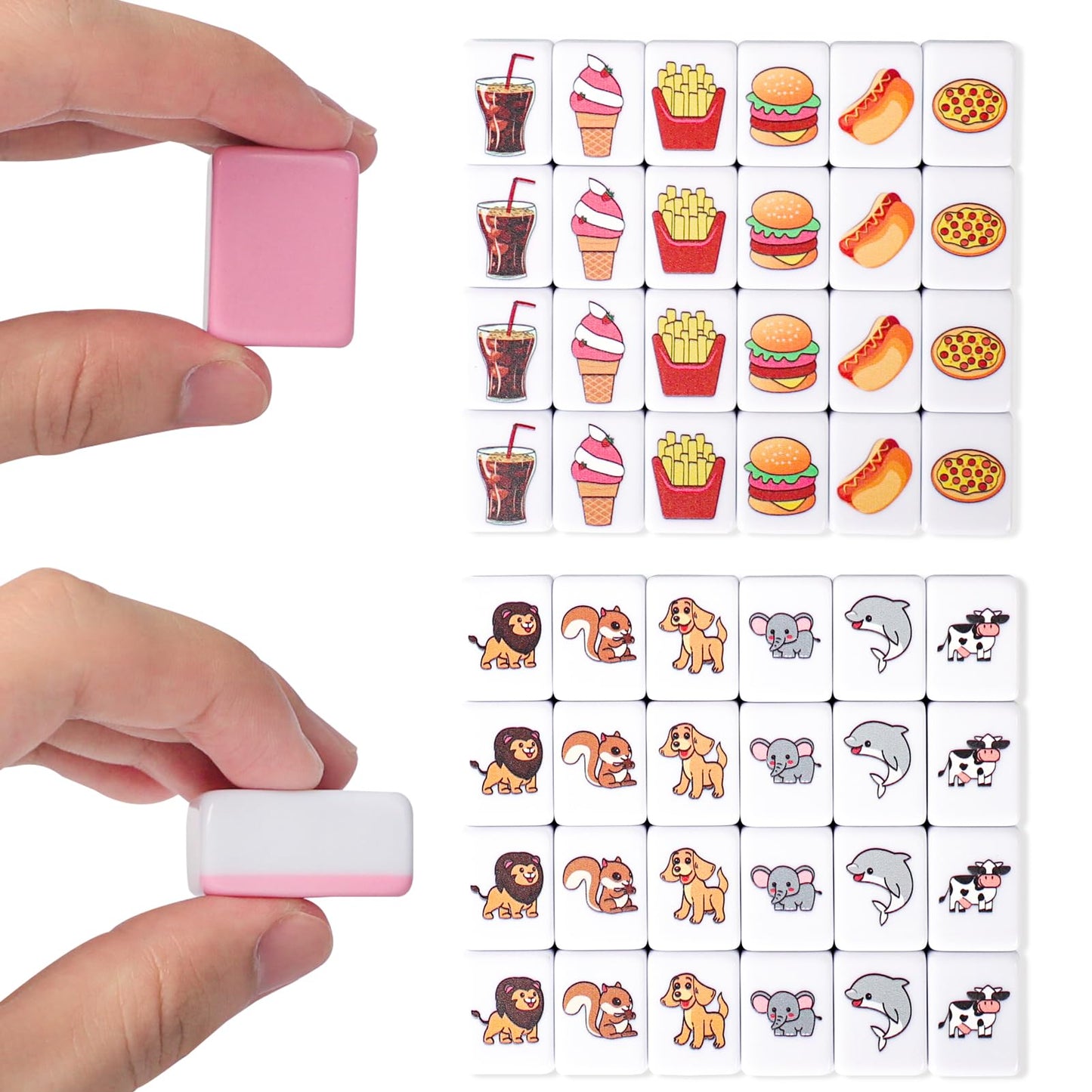 GRACIAS 2 Player Mahjong Block Set - 50 Premium Pink Tiles (30mm) with Animal & Food Patterns, Portable with Carry Bag