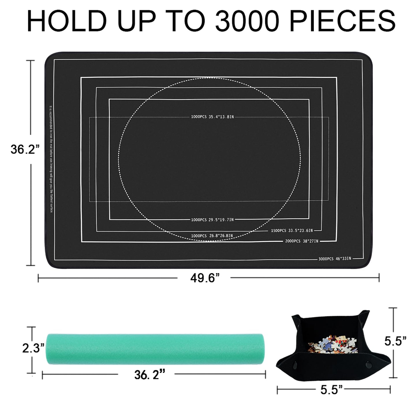 Lwoeo Jigsaw Puzzle Mat Roll Up, No Creases 49.2” X 35” Rubber Saver Pad Up To 3000 Pieces, Black Large Puzzel Matte Rollup With 6 Sorting Trays & 1 Storage Bag. Ideal For Holiday And Birthday